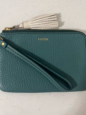 Fossil Tara Teal Leather Wristlet with White Tassel